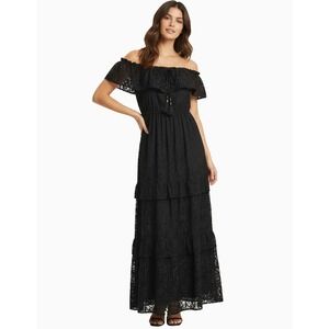 Catherine Malandrino Womens XL Black Virginie‎ Off Shoulder Ruffle Maxi Dress